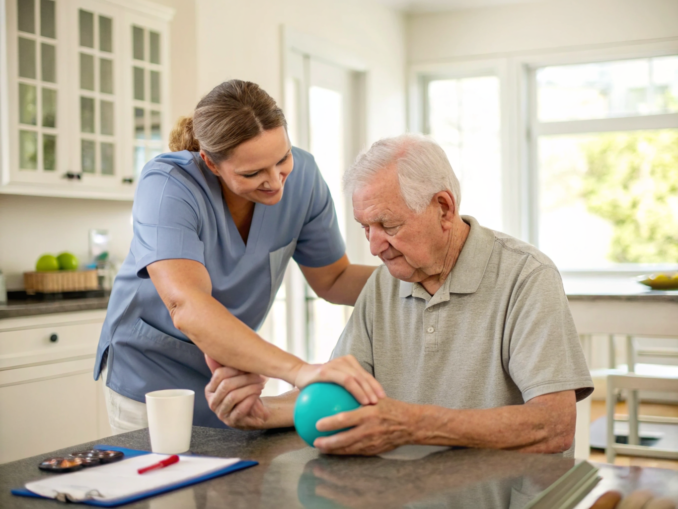 Post-stroke home care in Middlesex County NJ — caregiver guiding hand therapy exercises near Edison