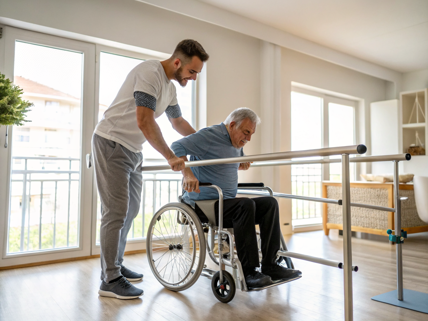 Post-stroke home care in Morris County NJ — caregiver assisting with standing rehabilitation near Morristown