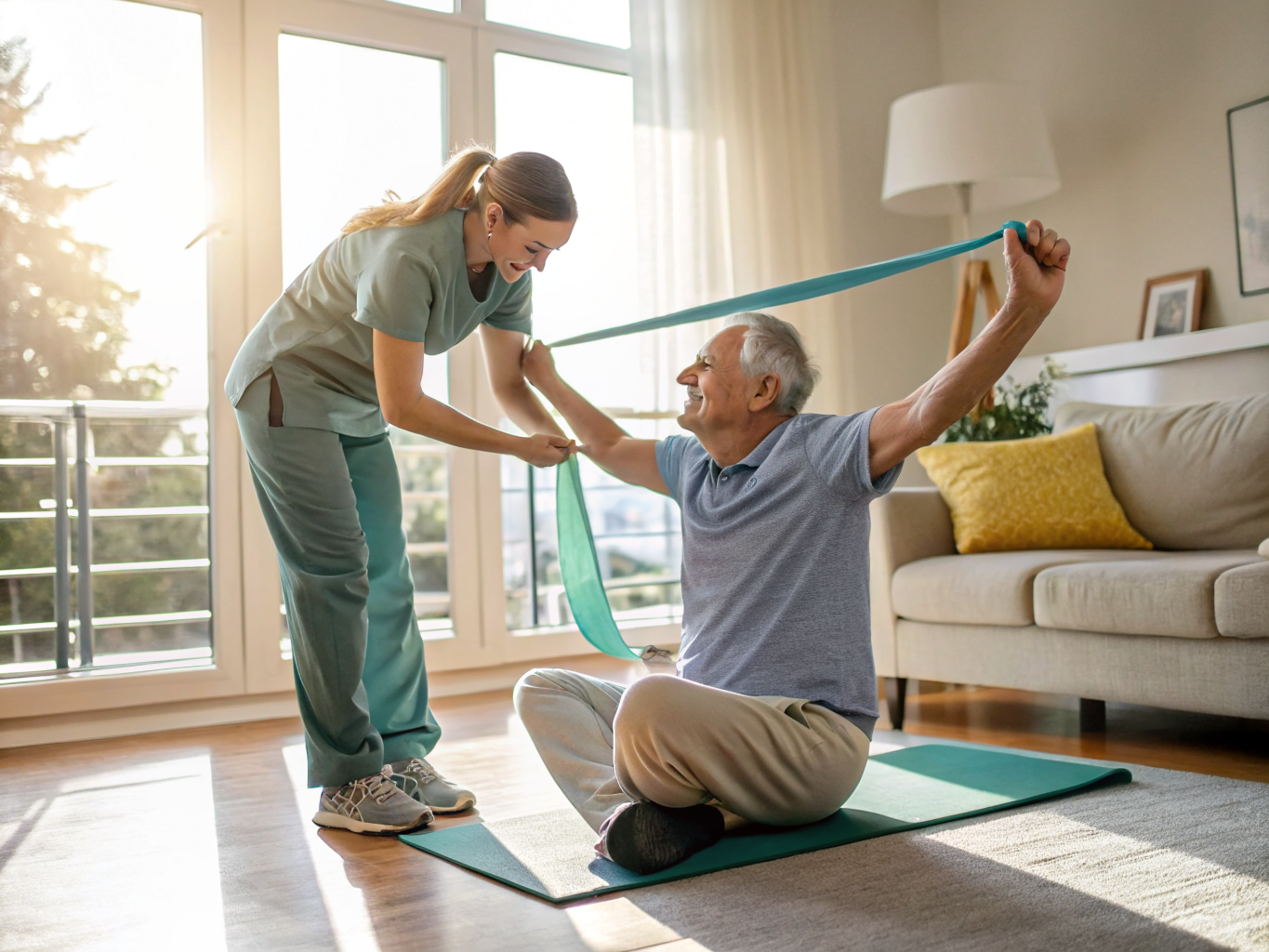 Post-stroke home care in Somerset County NJ — caregiver guiding arm range-of-motion exercises near Basking Ridge