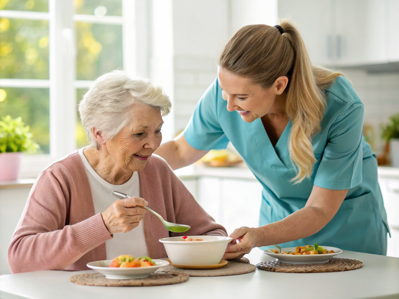 Post-stroke home care in Union County NJ — caregiver helping senior use adaptive utensils for eating near Westfield