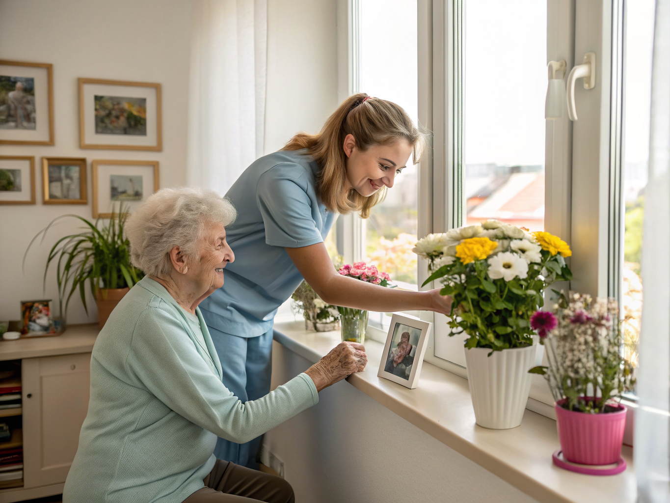 Retirement home care in Essex County NJ — caregiver helping senior arrange flowers in community apartment near Livingston