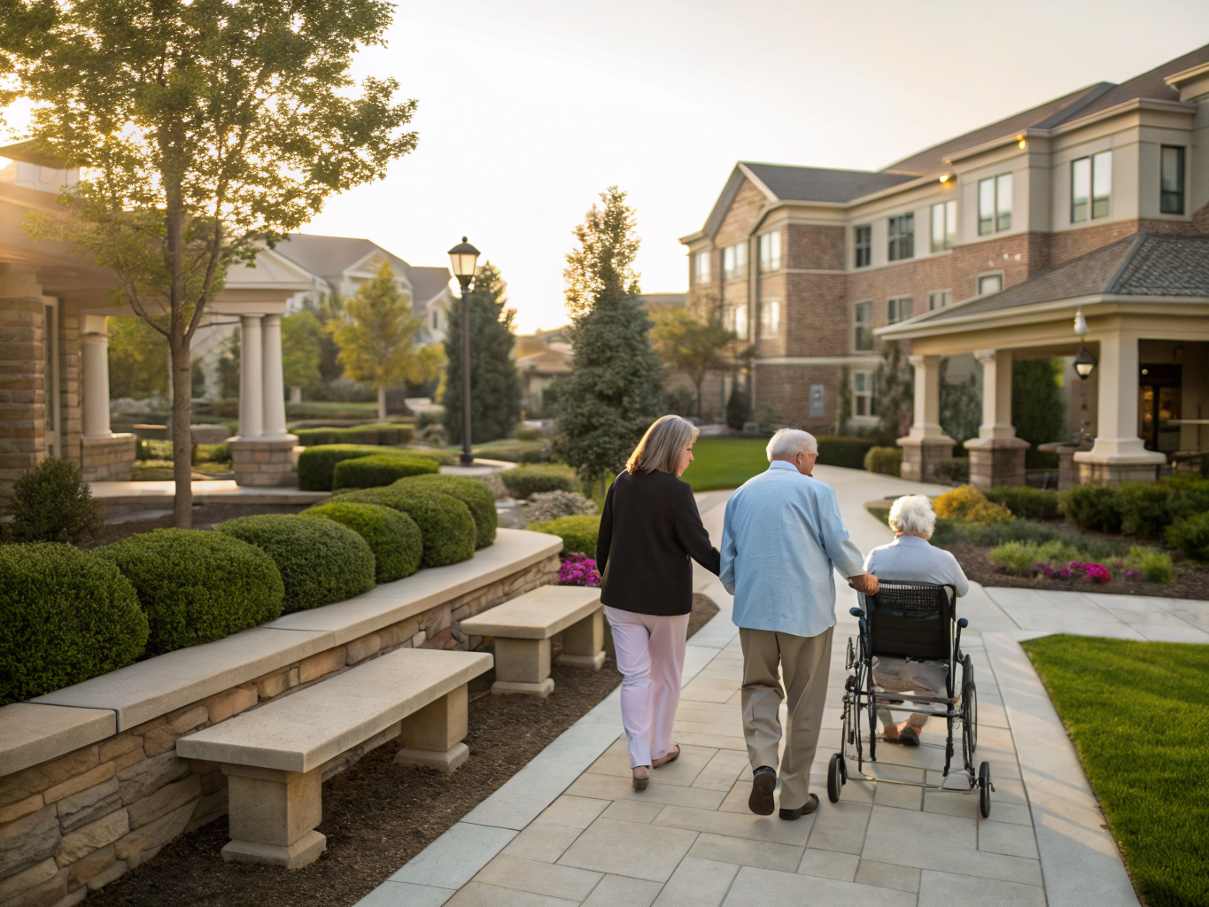 Retirement home care in Middlesex County NJ — caregiver walking with senior couple through community courtyard near Edison