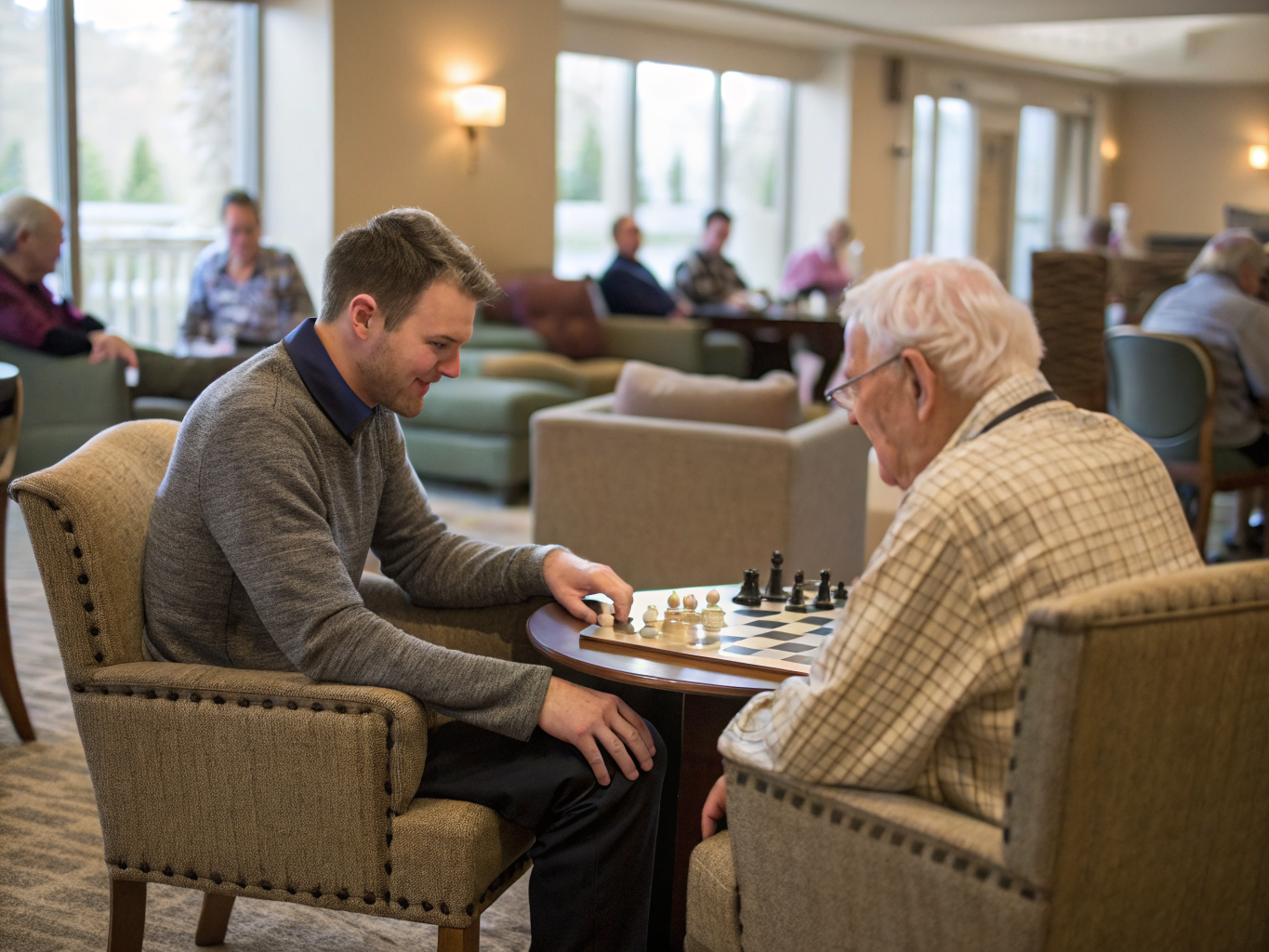 Retirement home care in Morris County NJ — caregiver playing chess with senior in community common room near Morristown