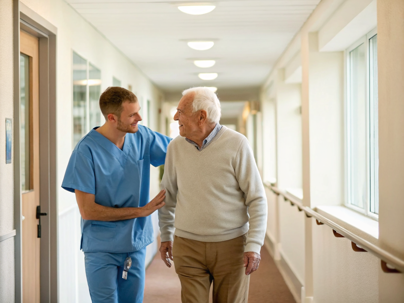 Retirement home care in Somerset County NJ — caregiver accompanying senior through community hallway to appointment near Basking Ridge