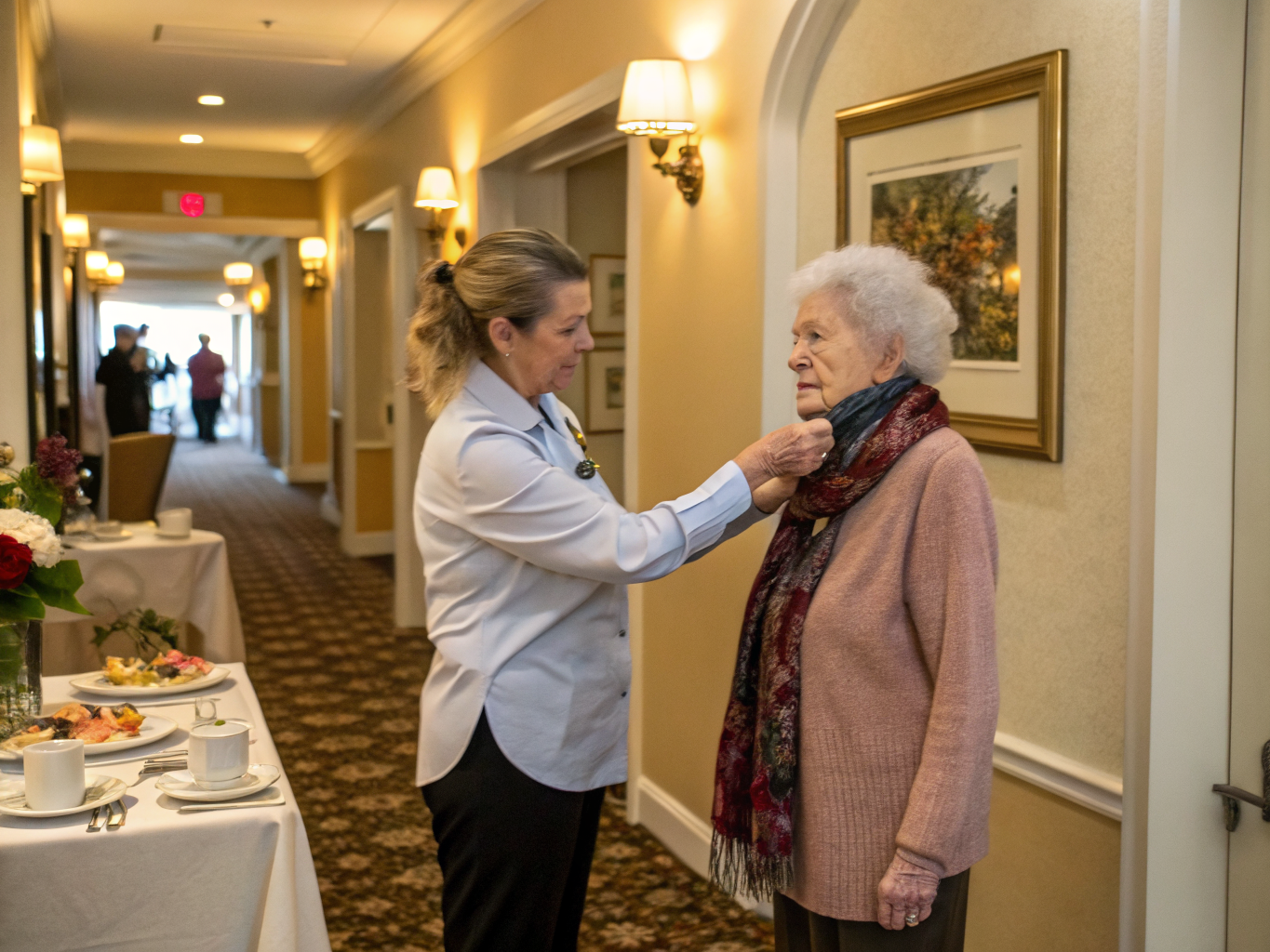 Retirement home care in Union County NJ — caregiver helping senior prepare for community dining event near Westfield