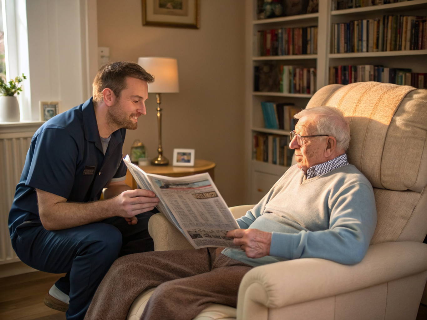 24-hour senior care in Essex County NJ — caregiver reading to senior in Livingston area home