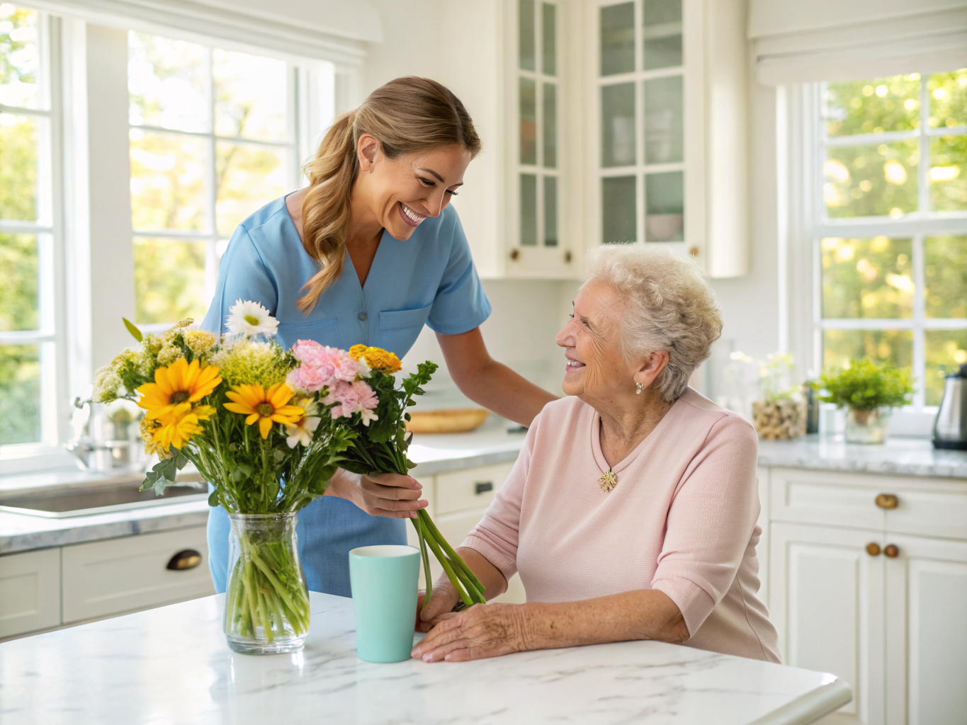 24-hour senior care in Middlesex County NJ — caregiver and senior arranging flowers together at home in Edison area
