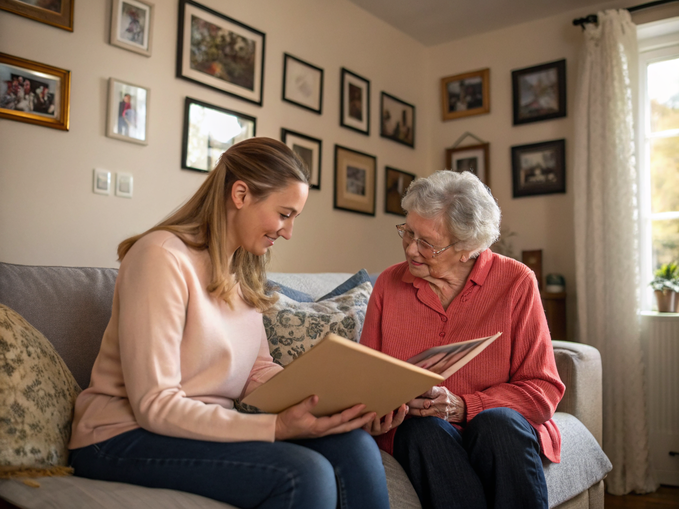 24-hour senior care in Morris County NJ — caregiver and senior looking at family photos together near Morristown