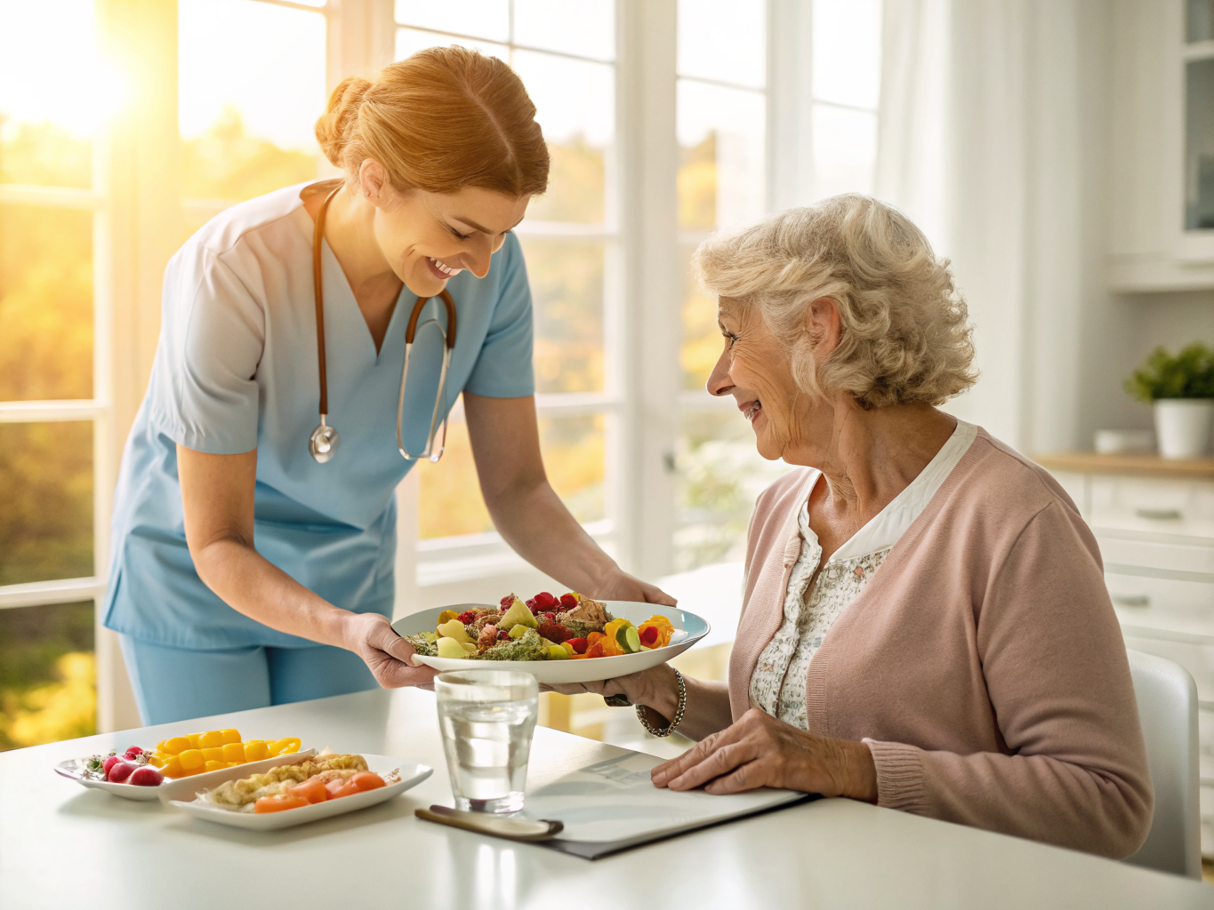 24-hour senior care in Somerset County NJ — caregiver serving nutritious lunch to senior near Basking Ridge