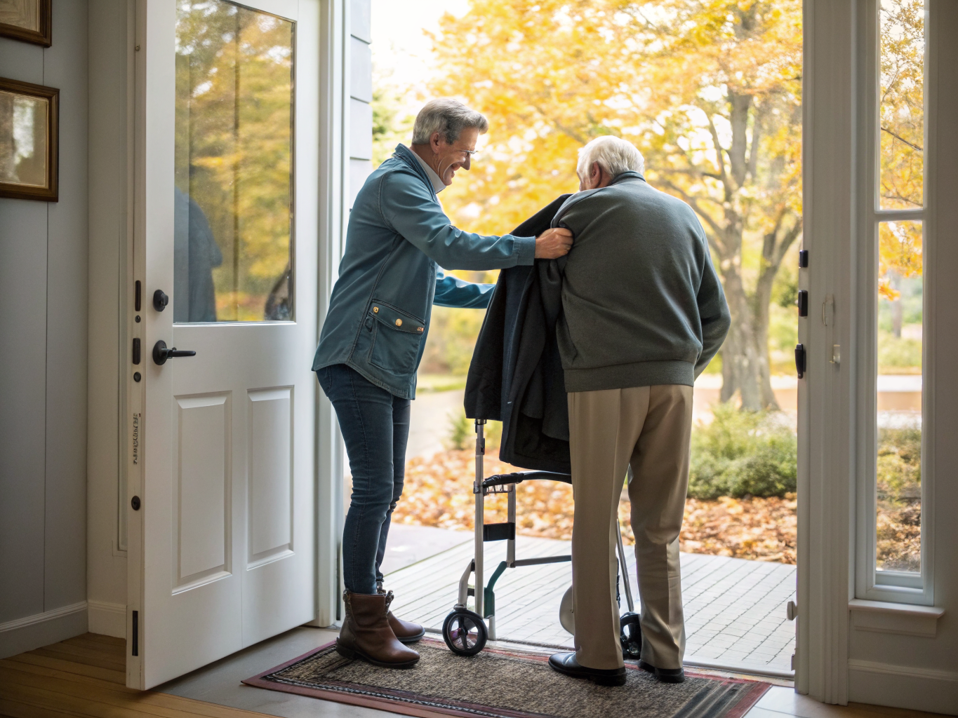 24-hour senior care in Union County NJ — caregiver helping senior prepare to go outside near Westfield