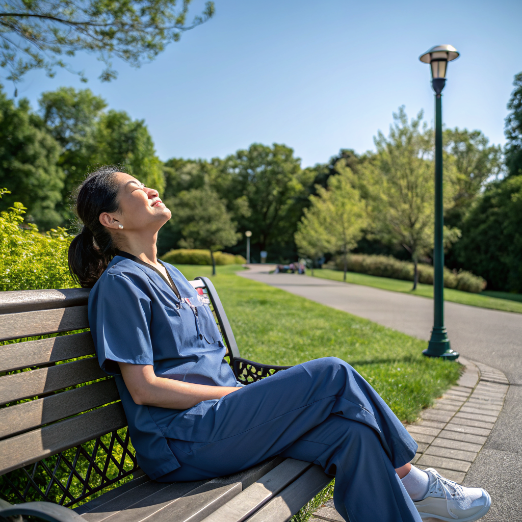 NJ caregiver practicing self-care and stress relief to prevent burnout — outdoor break