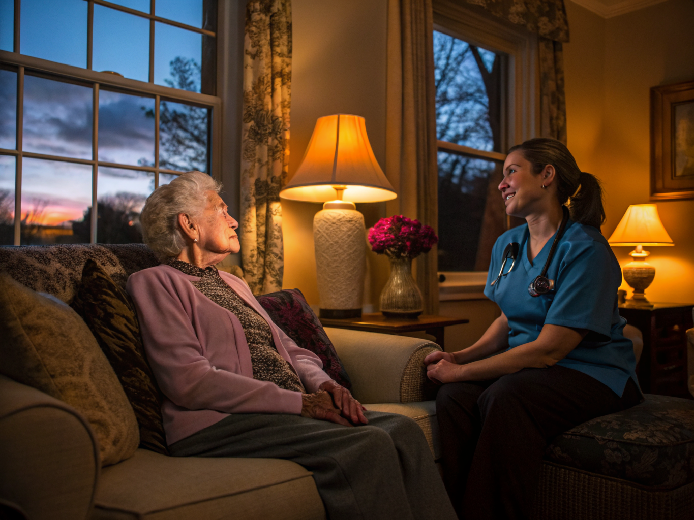 Home health aide helping senior with sundowning dementia at dusk NJ