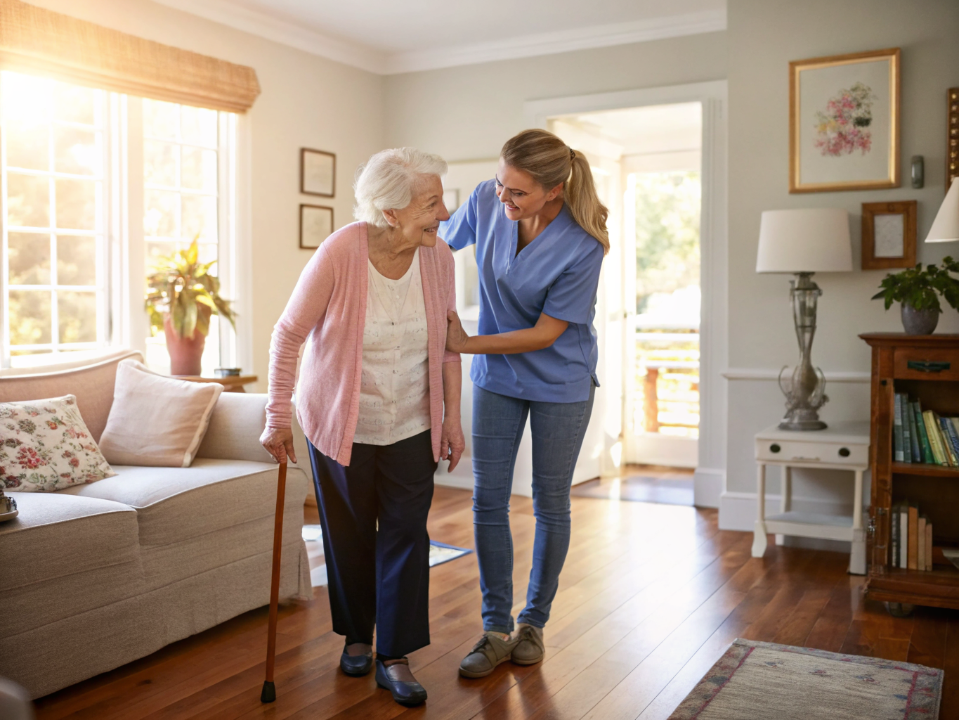 Home caregiver helping senior walk safely in Basking Ridge NJ — fall prevention and mobility support