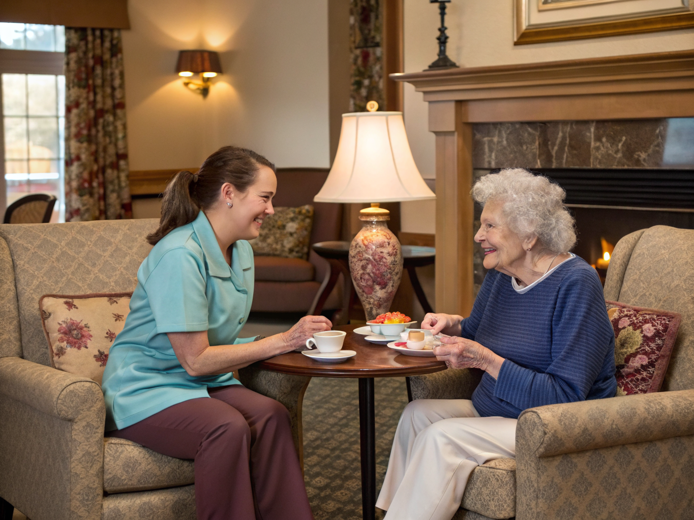 Home health aide assisting senior resident at The Chelsea at Fanwood in Fanwood Union County NJ