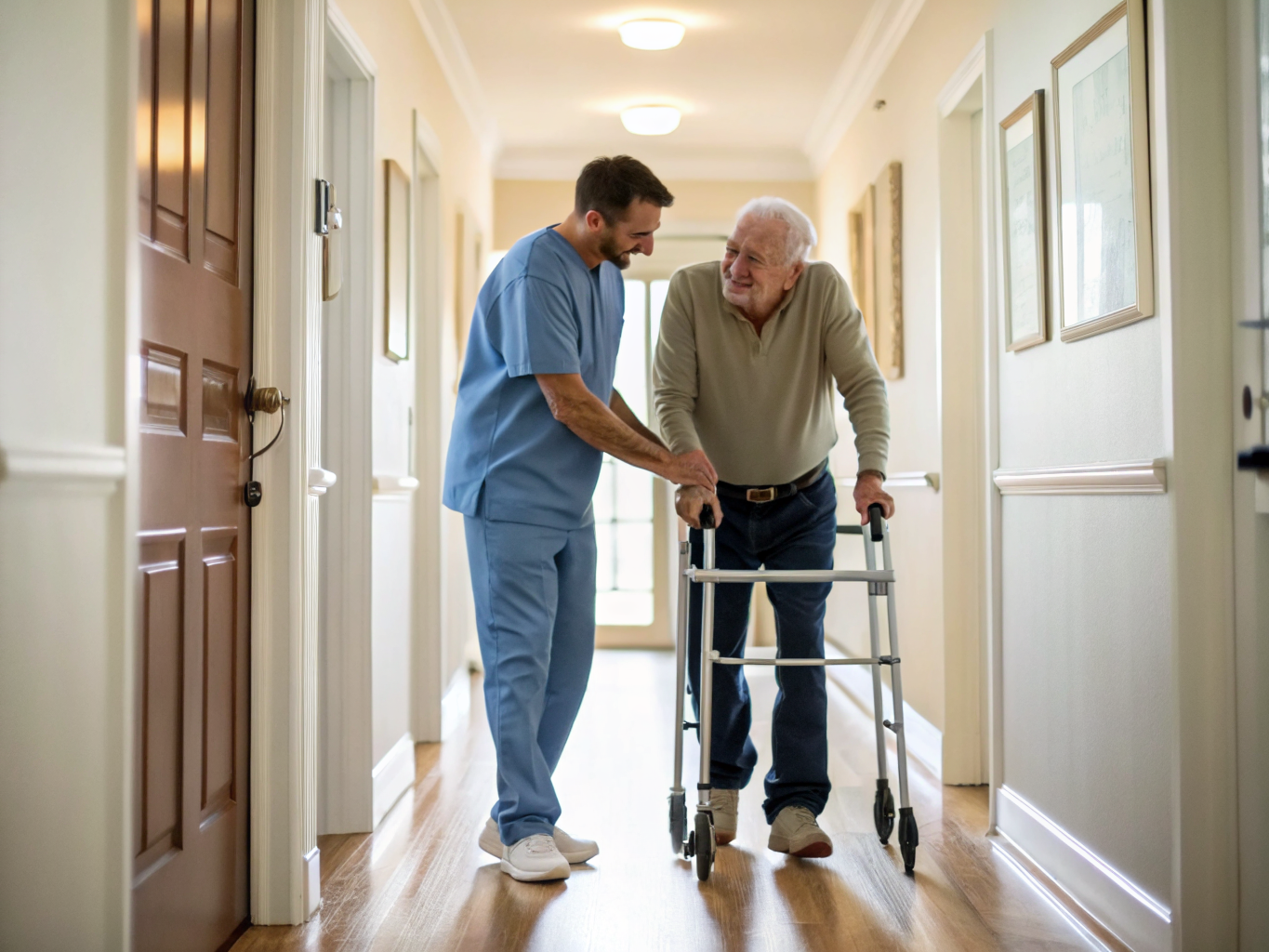 Home health aide assisting senior resident at Runnells Center for Rehabilitation in Berkeley Heights Union County NJ