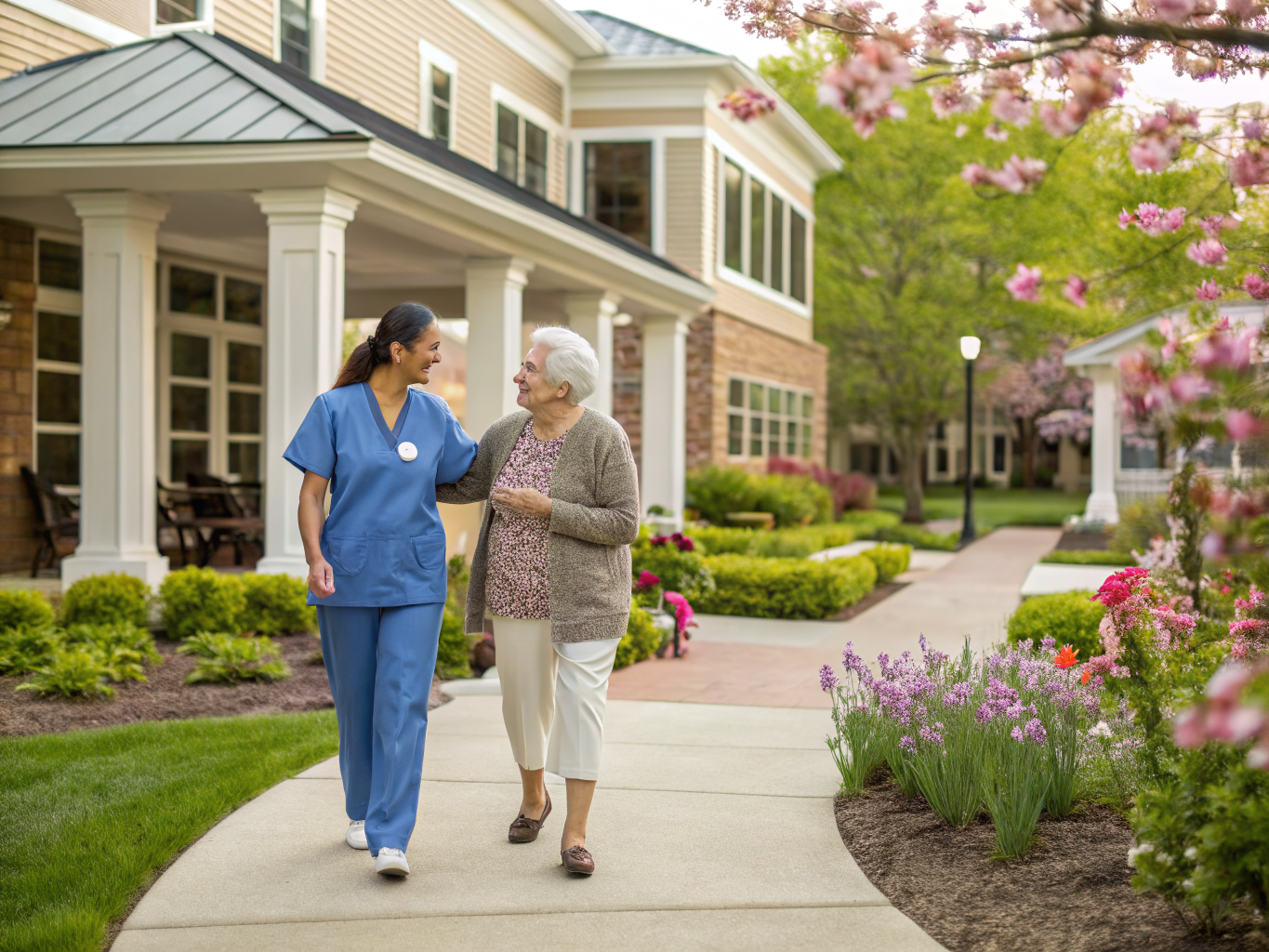Home health aide assisting senior resident at Sunrise Senior Living Westfield in Westfield Union County NJ