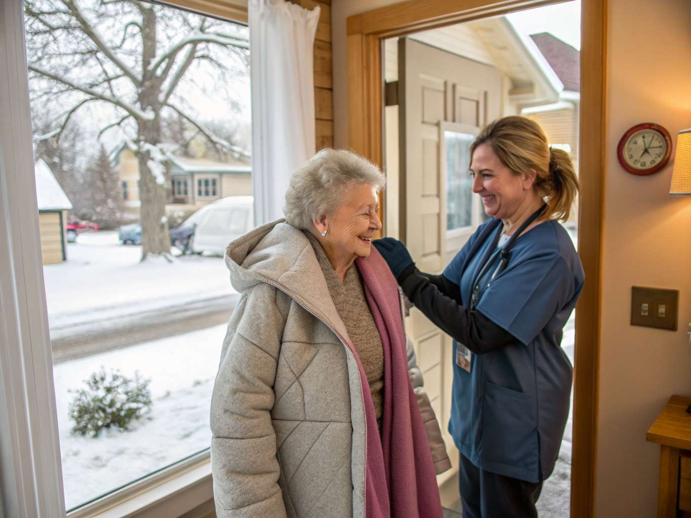 Home health aide helping elderly woman dress for winter safety NJ
