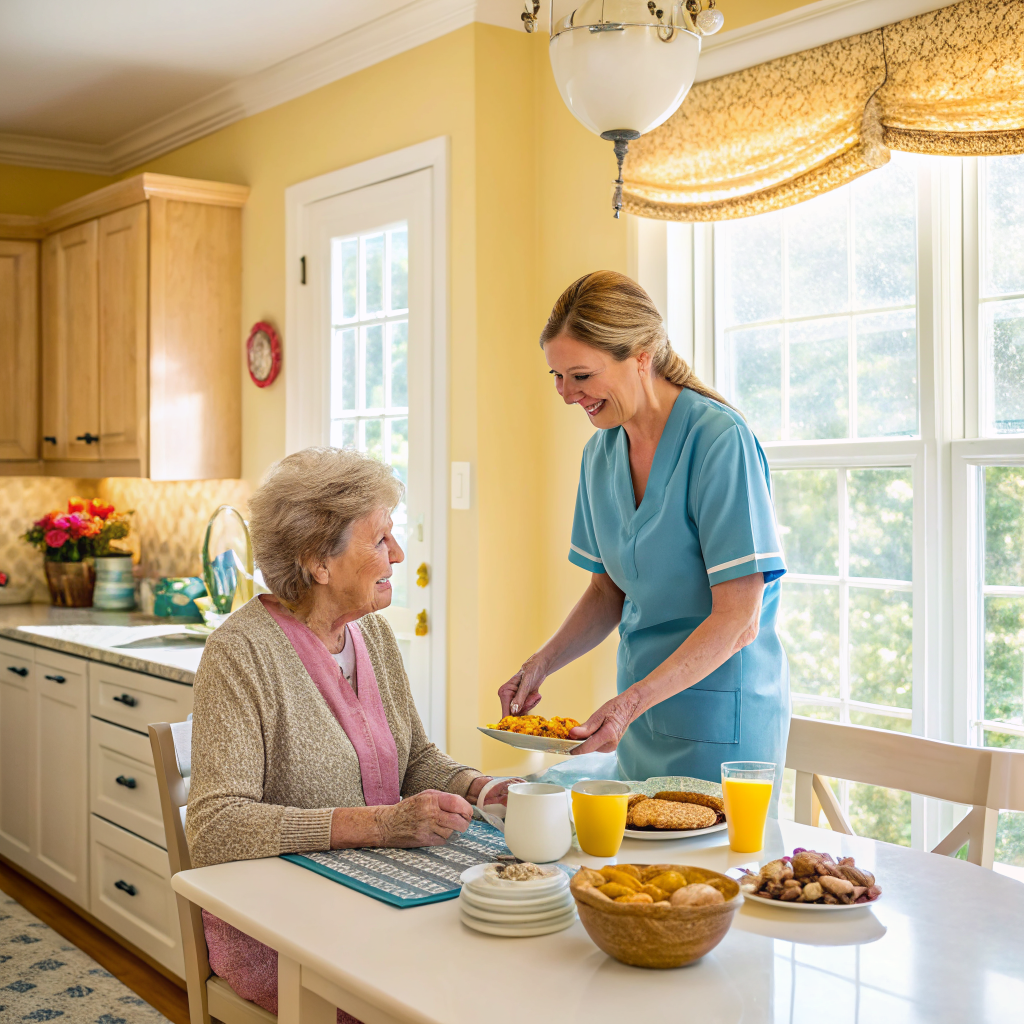 Live-in caregiver preparing breakfast for elderly client in New Jersey home