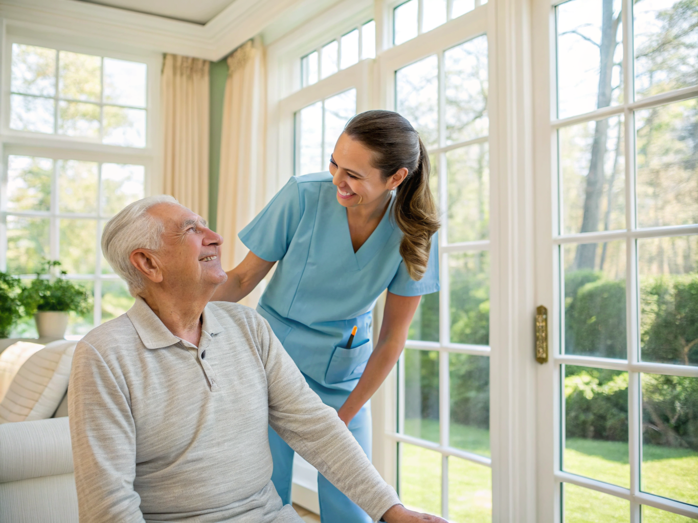 Home care after CentraState Medical Center discharge Freehold NJ — caregiver assisting senior with morning exercises