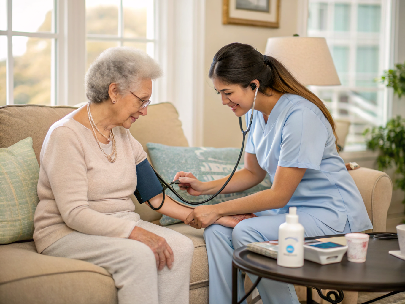 Home care after Clara Maass Medical Center discharge Belleville NJ — caregiver checking senior's blood pressure