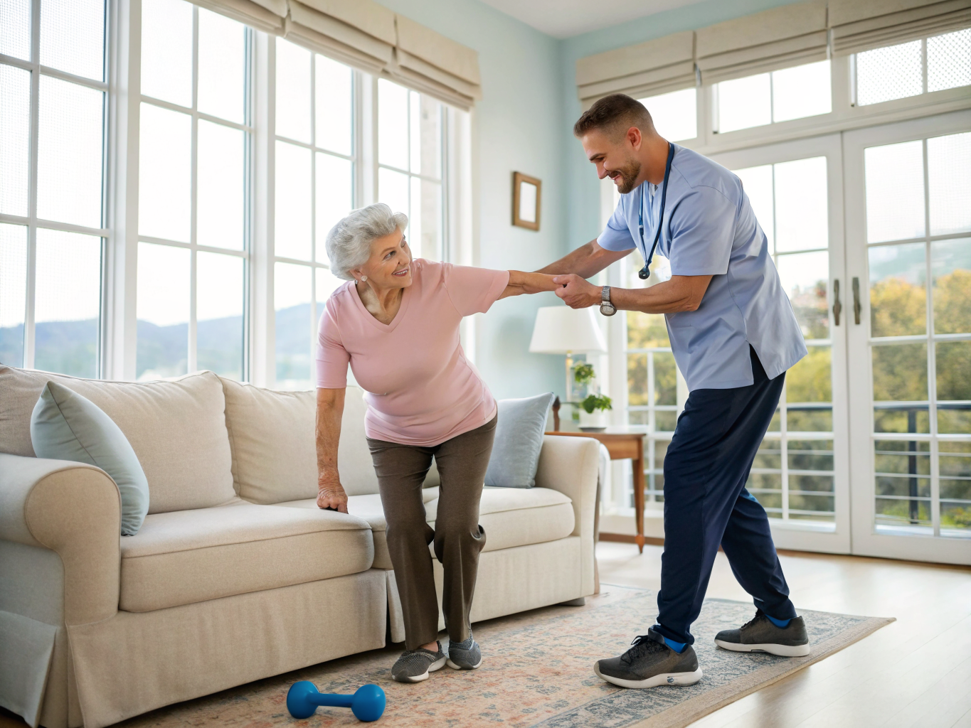 Home care after Englewood Health discharge NJ — caregiver helping senior with recovery exercises
