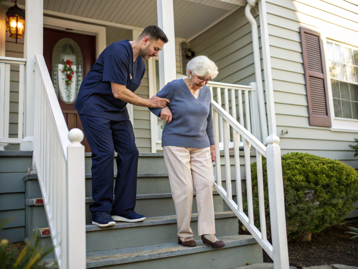 Home care after hospital discharge near Hackensack University Medical Center NJ — caregiver helping senior with stairs