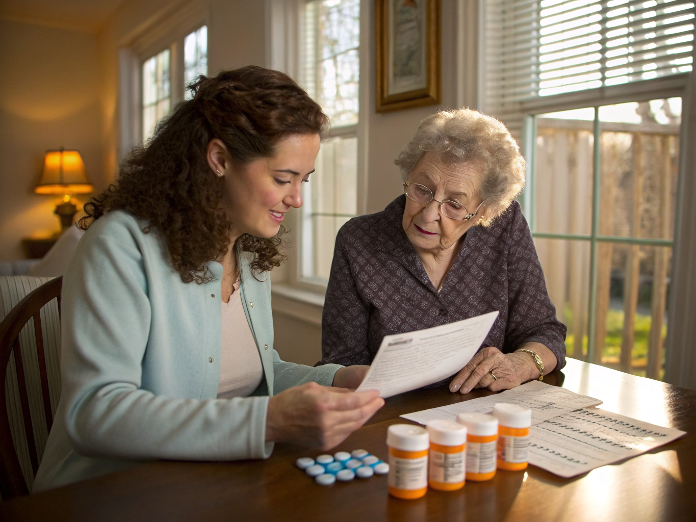 Post-discharge home care near Holy Name Medical Center Teaneck NJ — caregiver and senior reviewing medication schedule