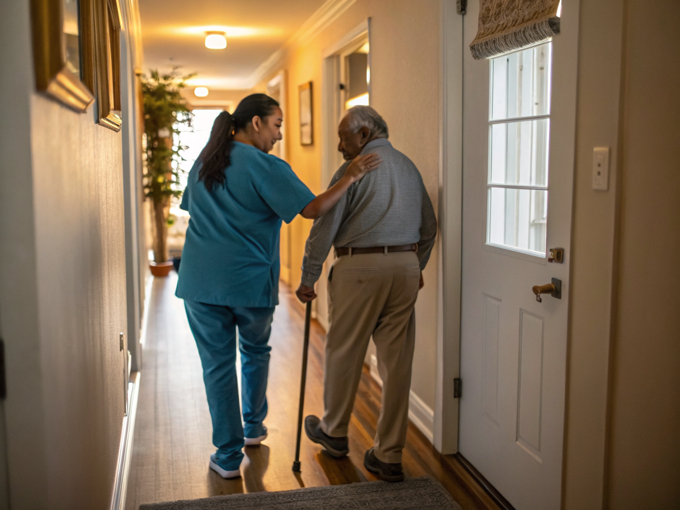 Home care after Saint Joseph's Medical Center discharge Paterson NJ — caregiver assisting senior with walking