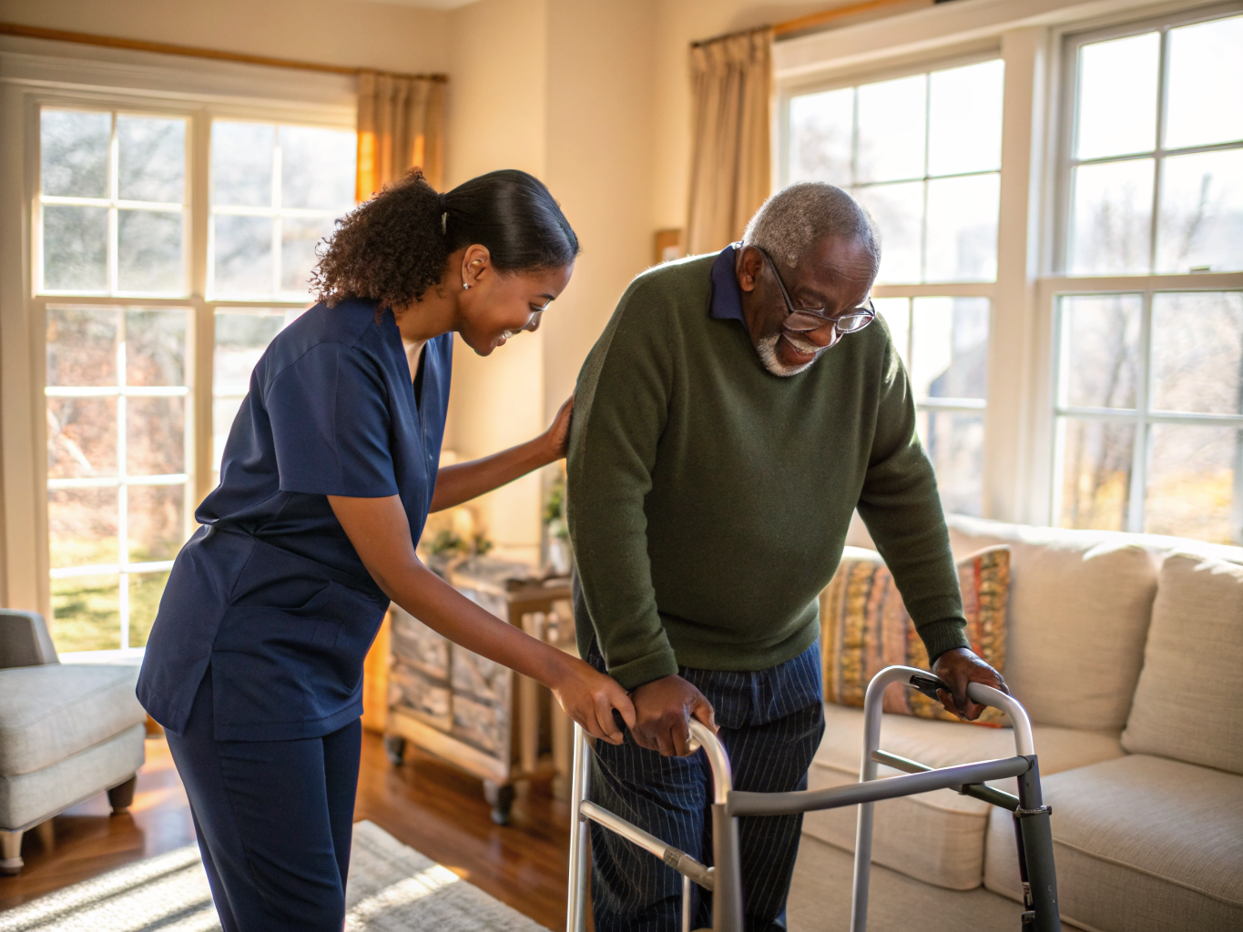 Home care after hospital discharge near University Hospital Newark NJ — caregiver helping senior with walker