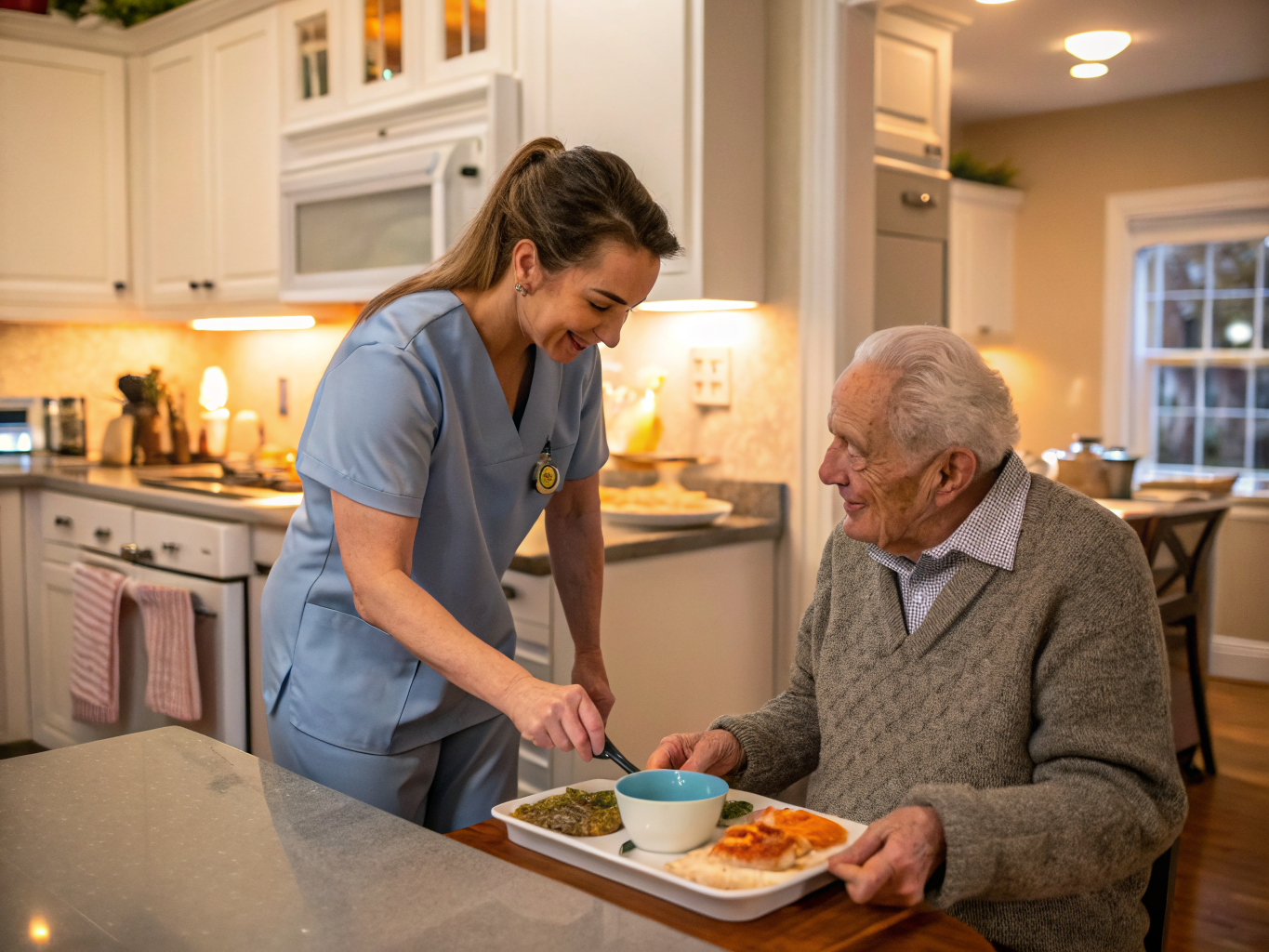 Home care after Valley Hospital discharge Ridgewood NJ — caregiver assisting senior with meal preparation