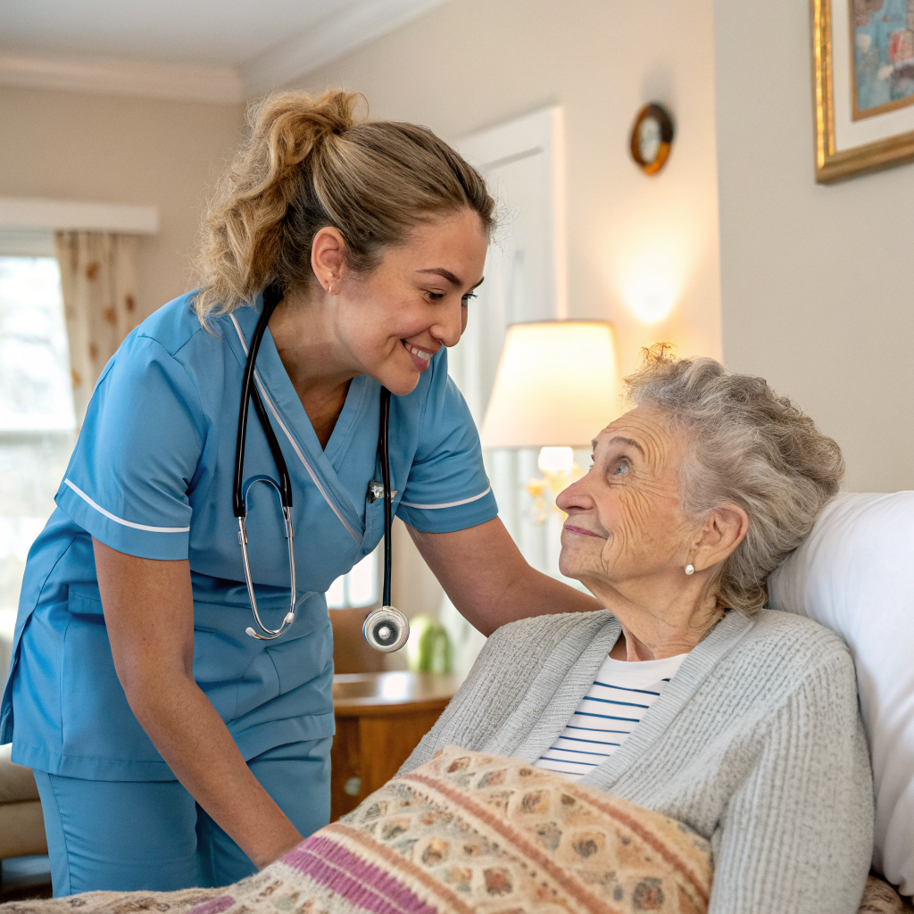 Caregiver assisting elderly patient at home after discharge from Jersey Shore University Medical Center Neptune NJ