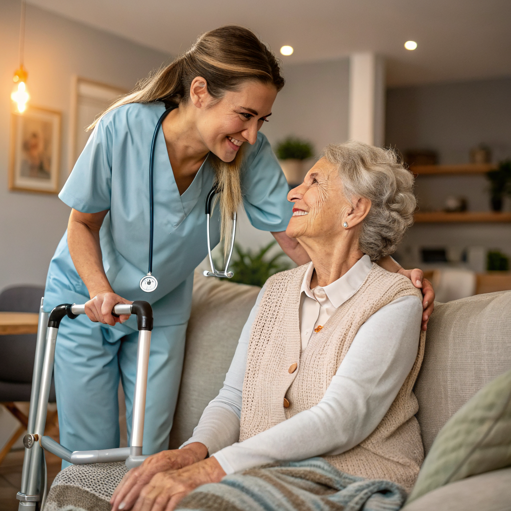 Caregiver assisting elderly patient at home after discharge from JFK University Medical Center Edison NJ