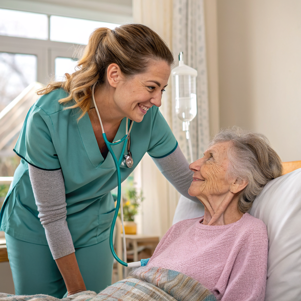Caregiver assisting elderly patient at home after discharge from Morristown Medical Center NJ