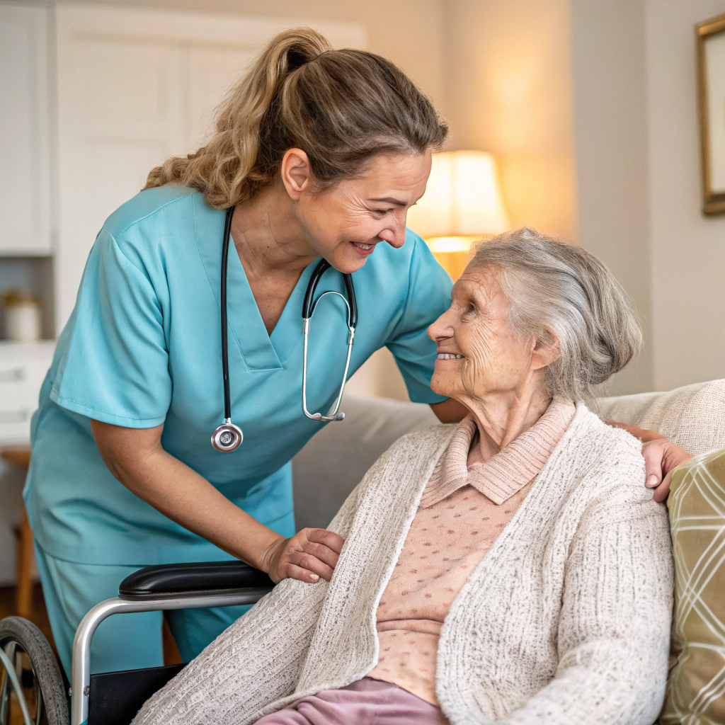 Caregiver assisting elderly patient at home after discharge from Robert Wood Johnson University Hospital New Brunswick NJ