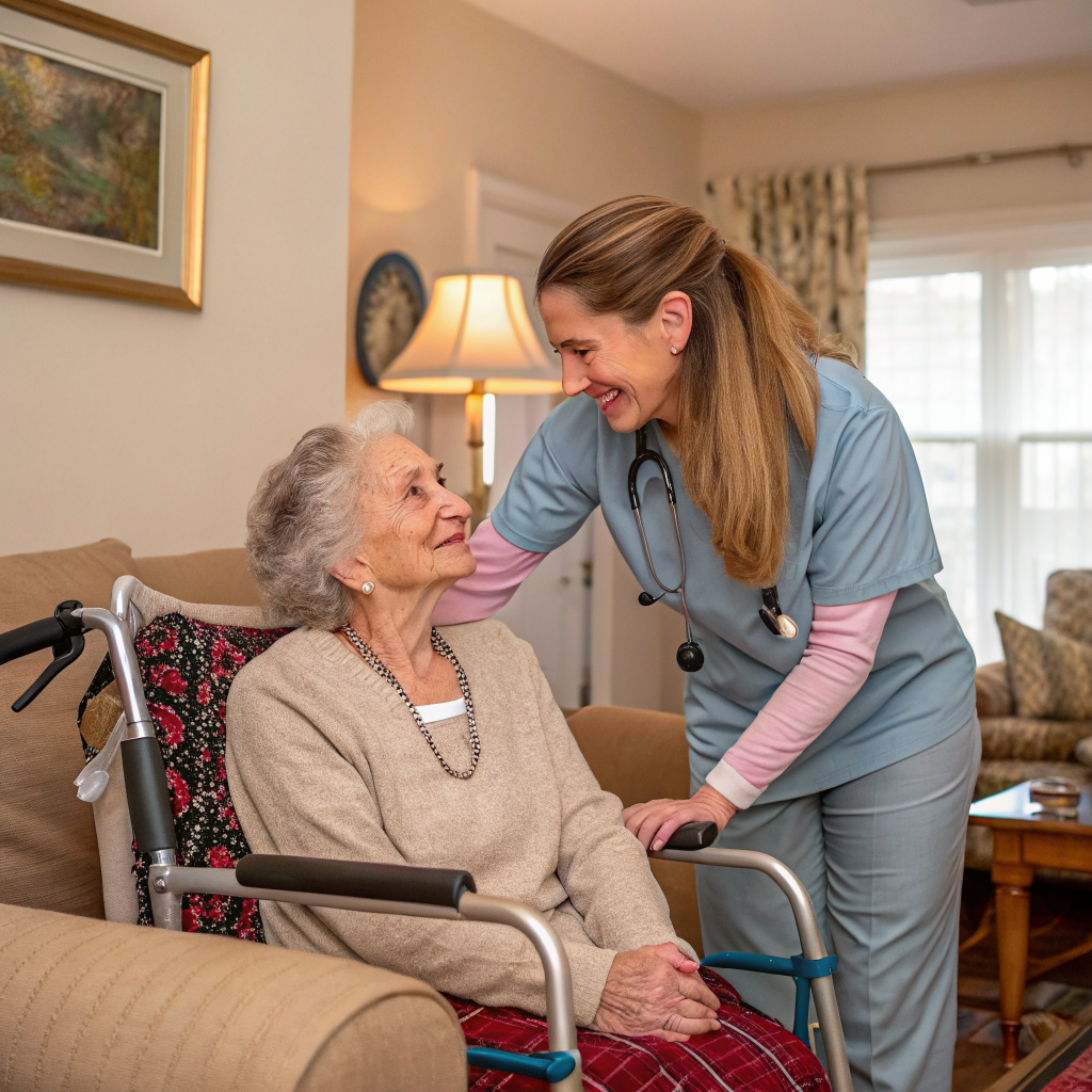 Caregiver assisting elderly patient at home after discharge from Saint Clare's Health Denville NJ