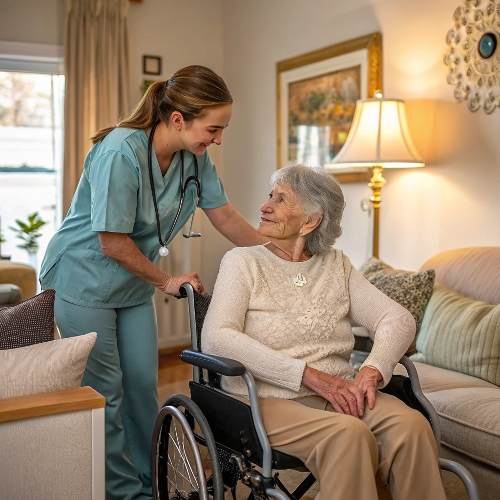 Caregiver assisting elderly patient at home after discharge from Saint Clare's Health Dover NJ