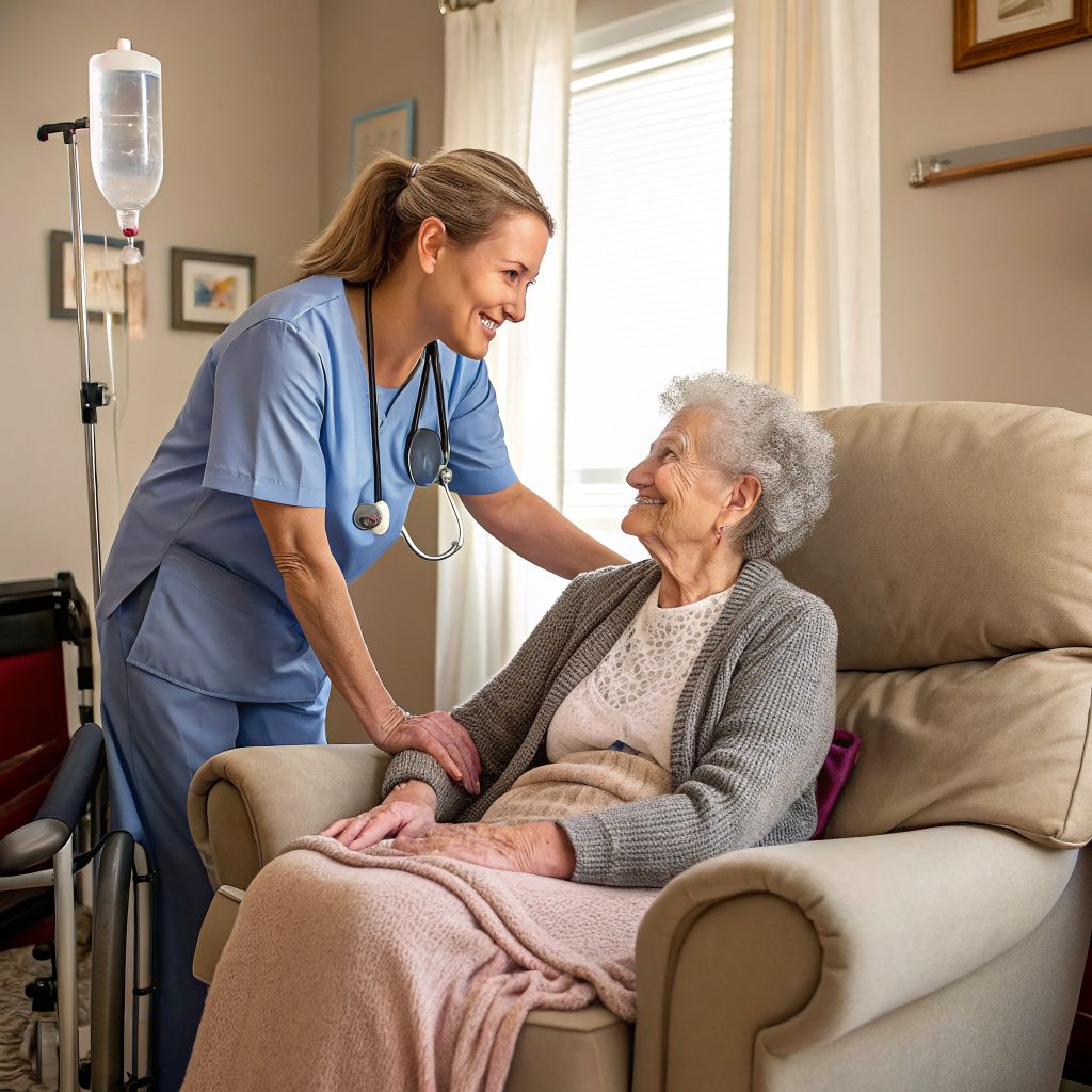 Caregiver assisting elderly patient at home after discharge from Saint Peter's University Hospital New Brunswick NJ