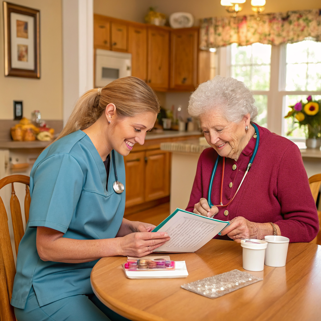 Caregiver reviewing medication schedule with elderly woman at home in Livingston NJ after discharge from Saint Barnabas Medical Center