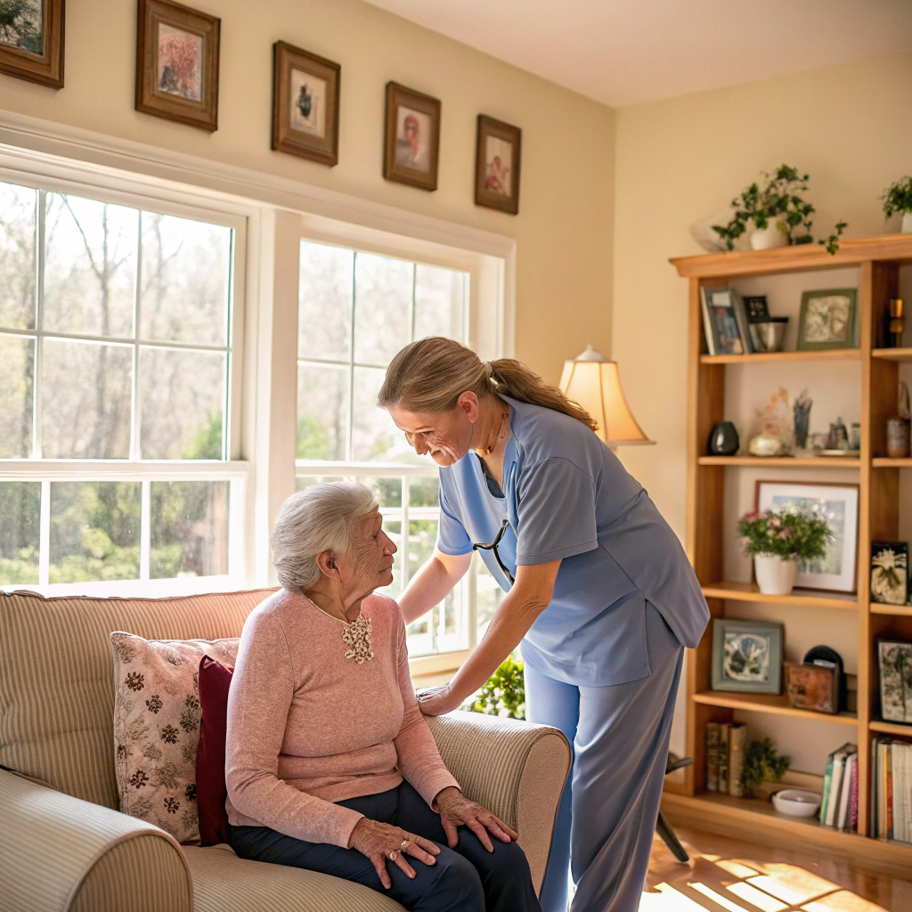 Home caregiver assisting elderly patient after discharge from Penn Medicine Princeton Medical Center NJ