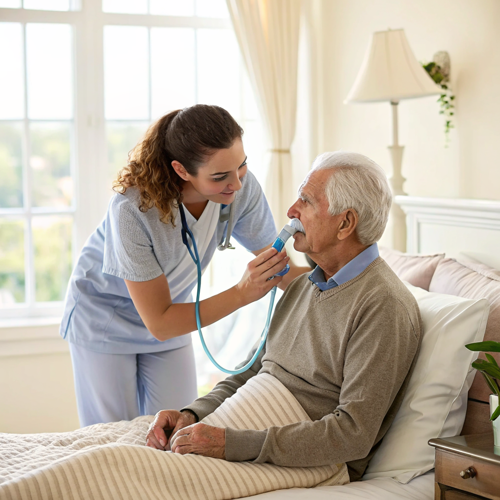 Caregiver helping senior man with breathing exercises at home in Newark NJ after discharge from Newark Beth Israel Medical Center