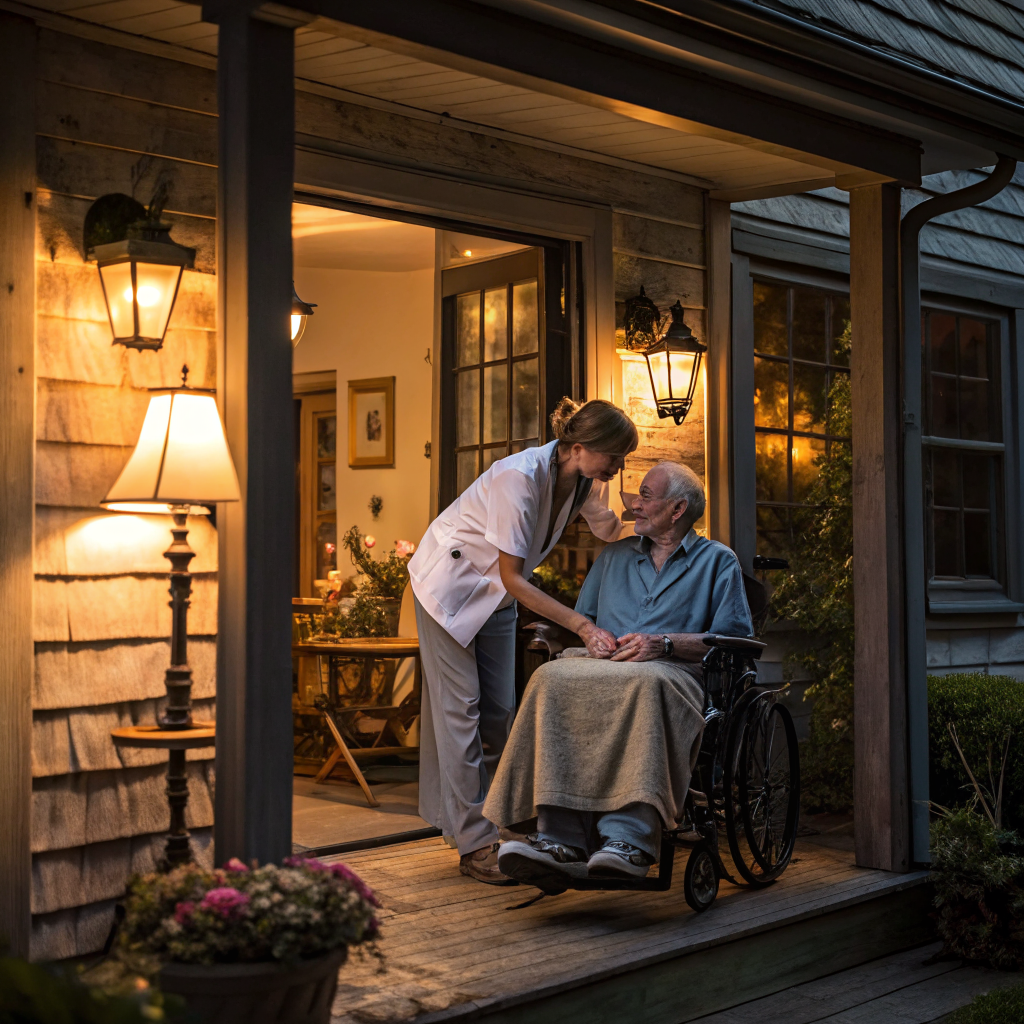 Caregiver helping elderly man recover at home in Hunterdon County NJ after discharge from Hunterdon Medical Center Flemington