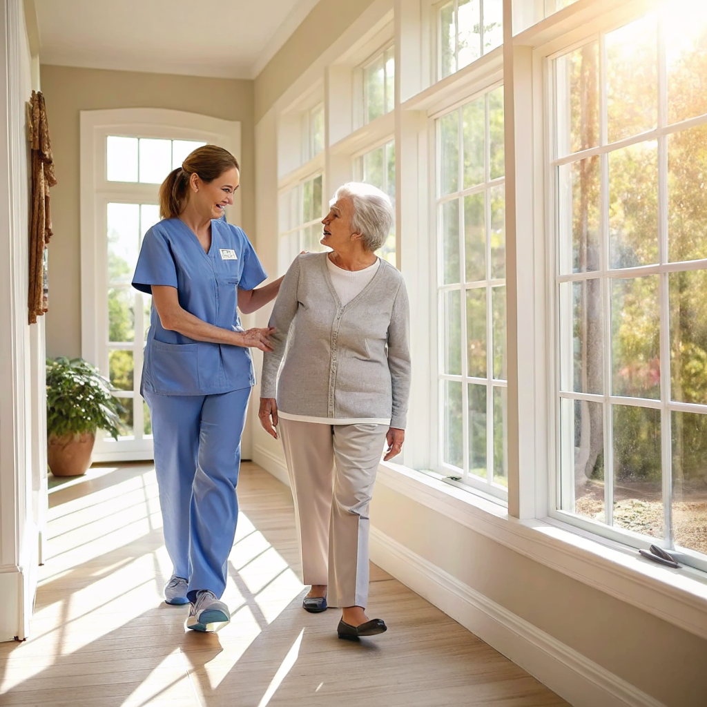 Caregiver assisting elderly woman walk at home after discharge from Capital Health Medical Center Hopewell NJ