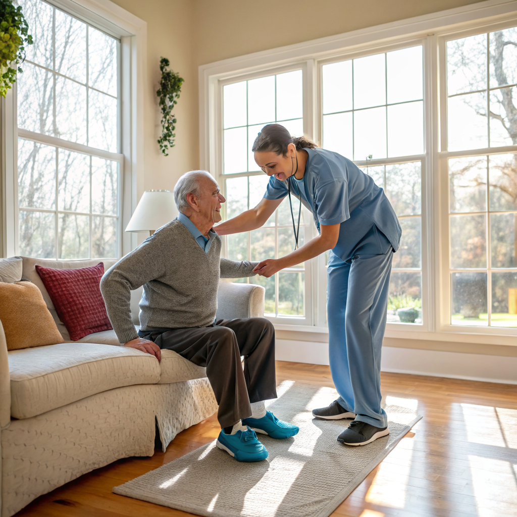 Home caregiver assisting senior with exercises after discharge from Robert Wood Johnson Somerset Somerville NJ