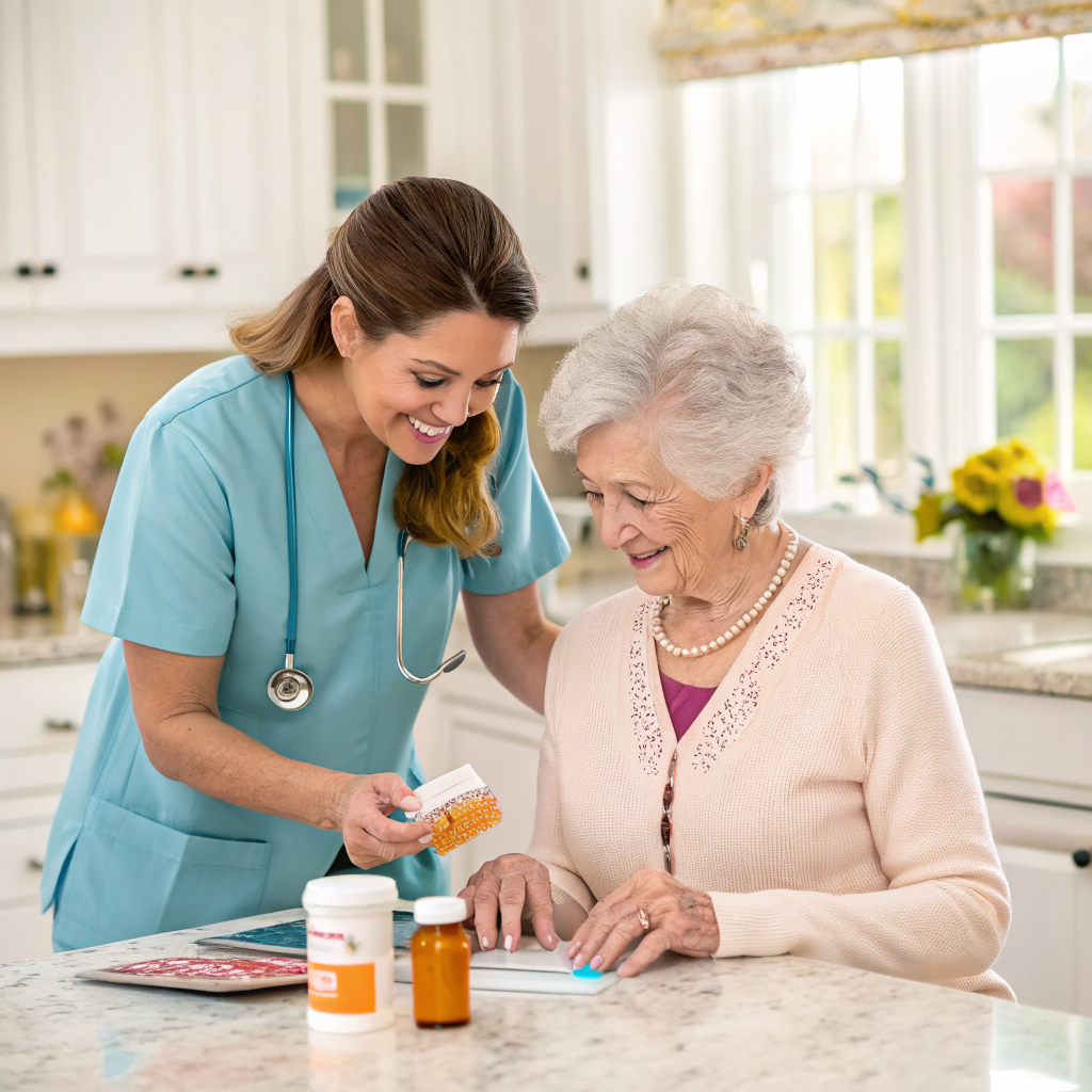 Caregiver assisting senior woman with medication at home after discharge from Overlook Medical Center Summit NJ