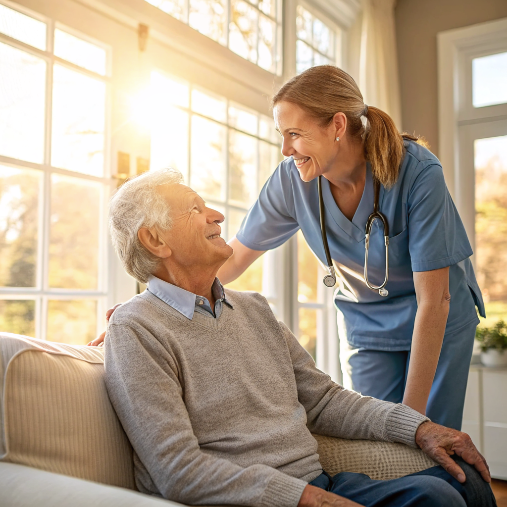 Home health aide helping senior patient recover at home after discharge from Capital Health Regional Medical Center Trenton NJ