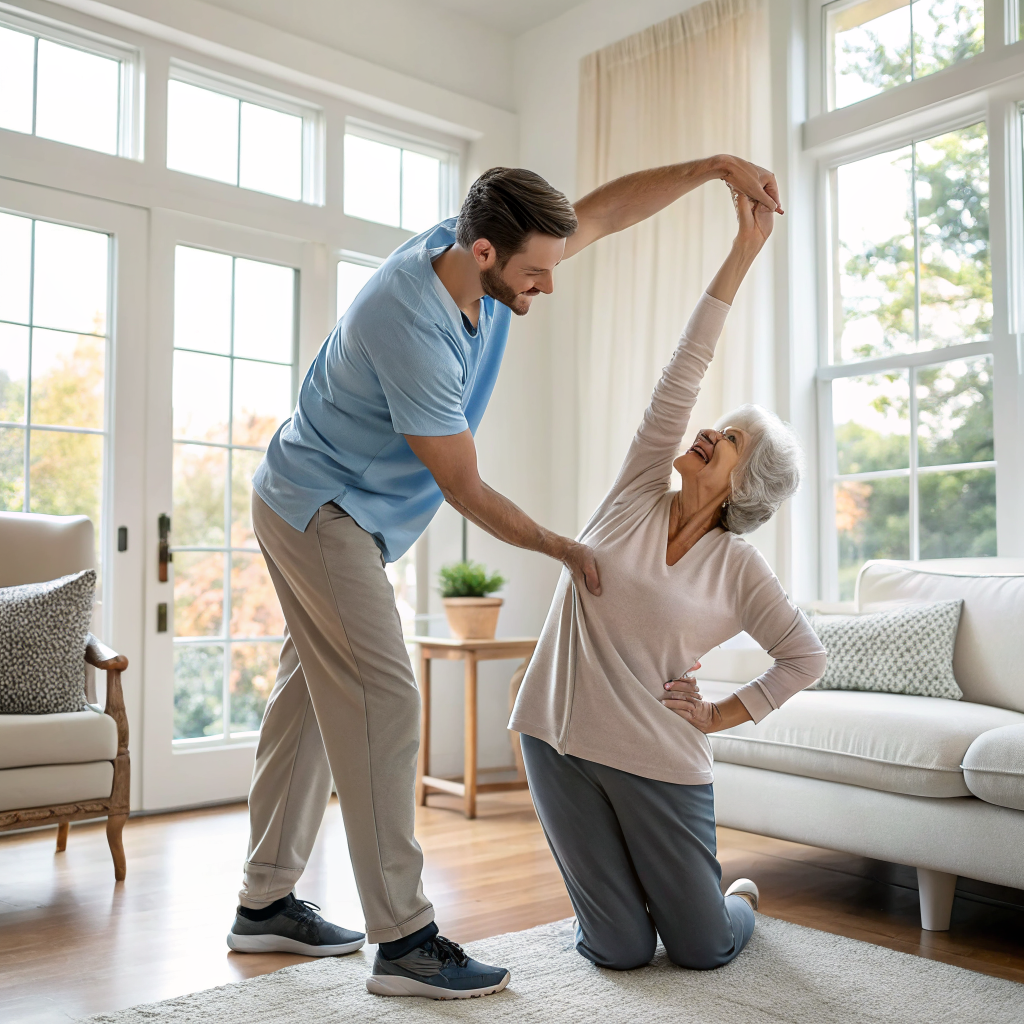 Caregiver helping senior woman with exercises at home in Montclair NJ after discharge from Hackensack Meridian Mountainside Medical Center