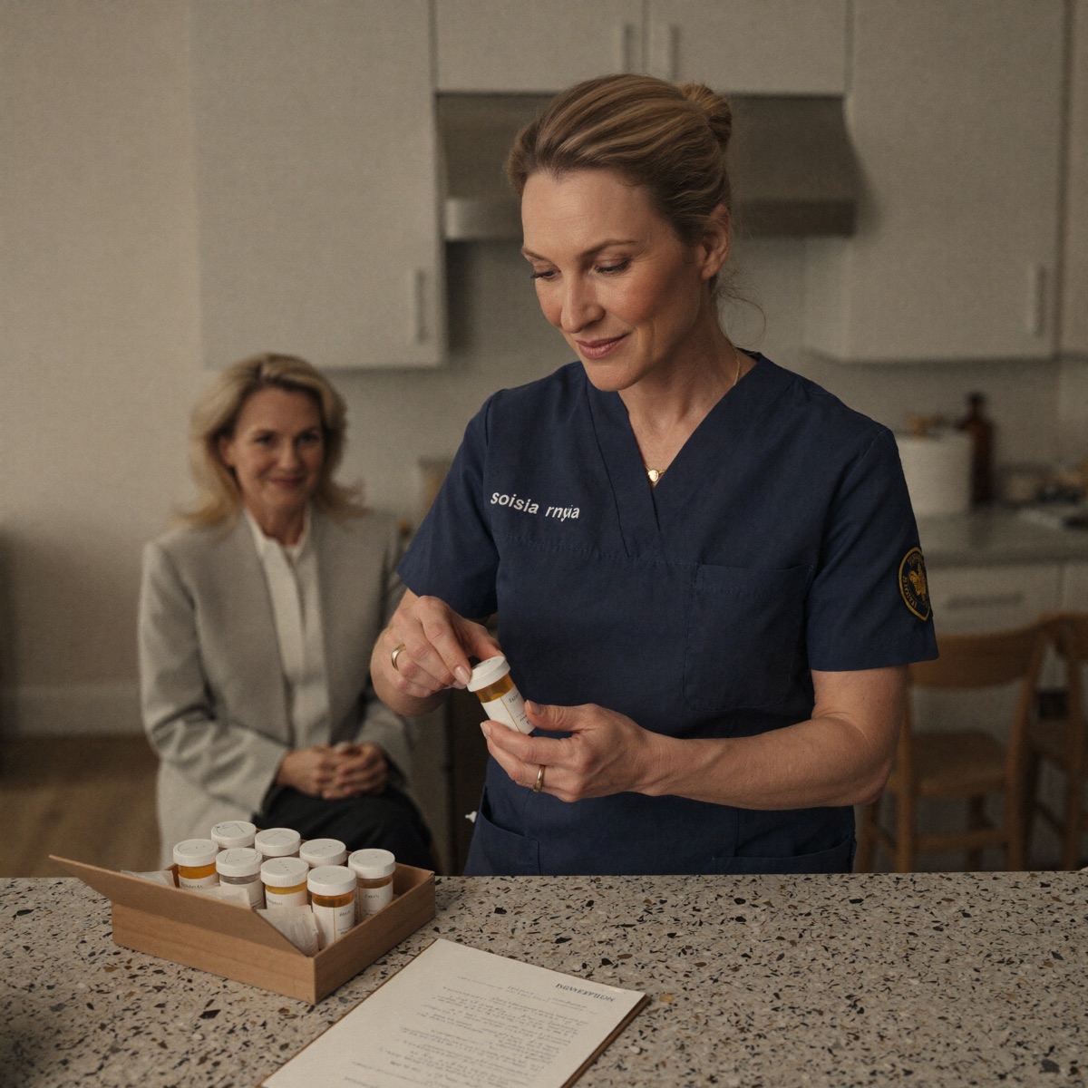A Livingston living room set up for 24-hour dementia home care with soft lighting and a visible care plan on the counter
